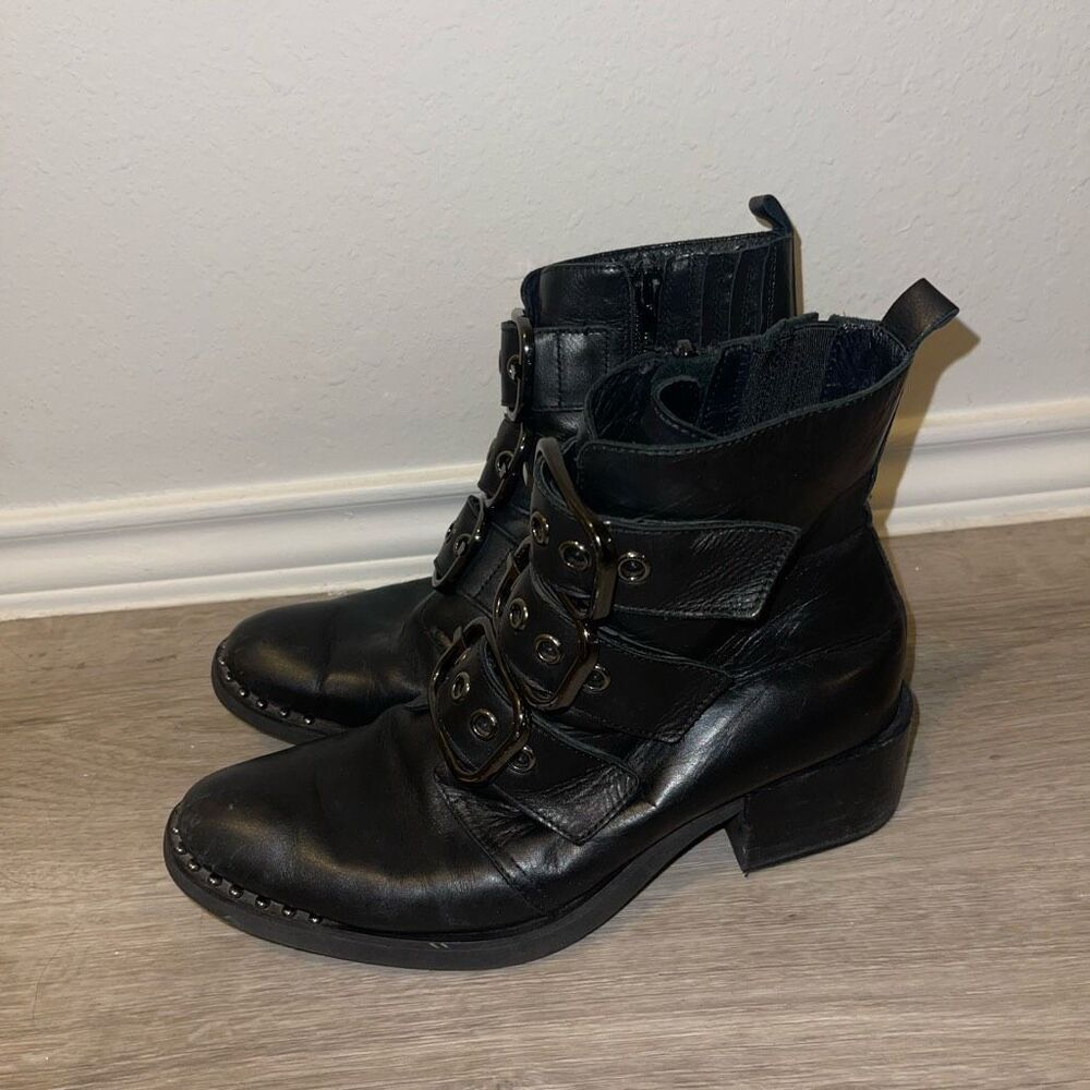 Jeffrey Campbell studded black leather buckle boots. - Picture 3 of 11